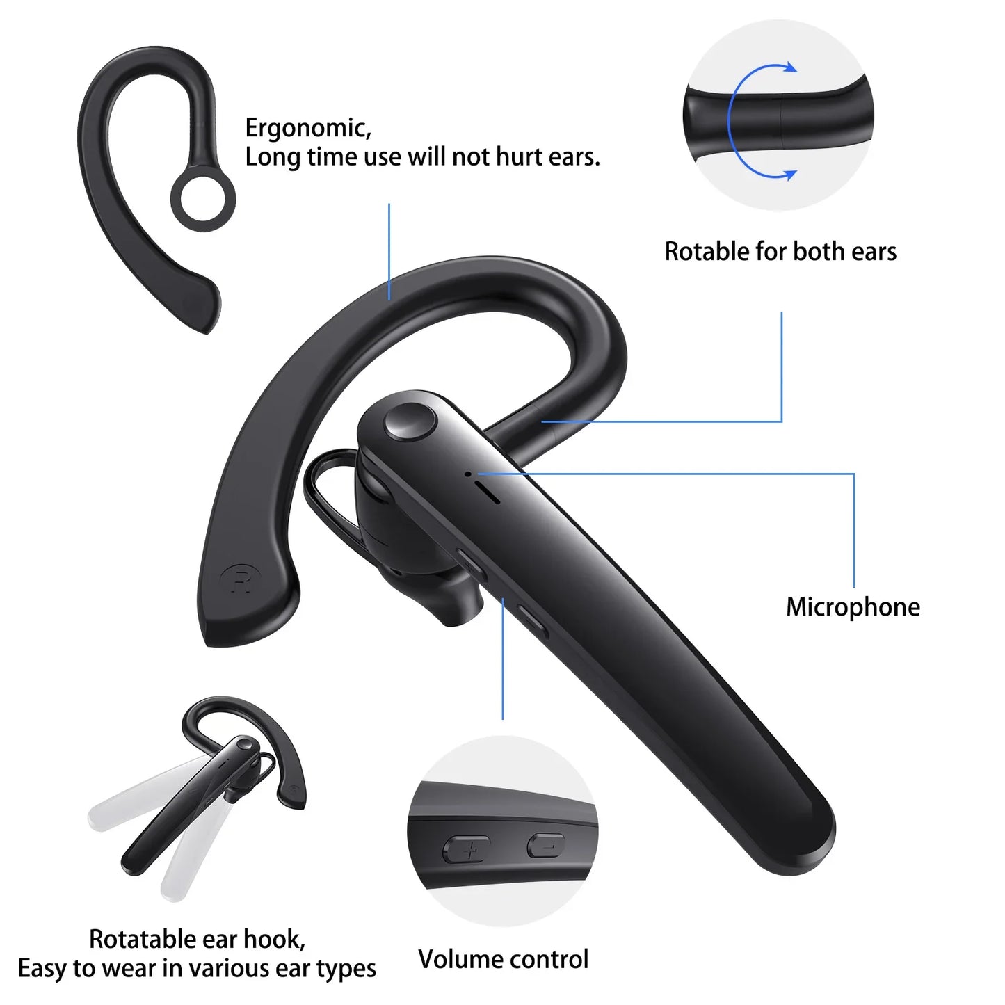 Wall Street Wireless Bluetooth Headset – ENC Noise Cancelling Business Earpiece with Mic