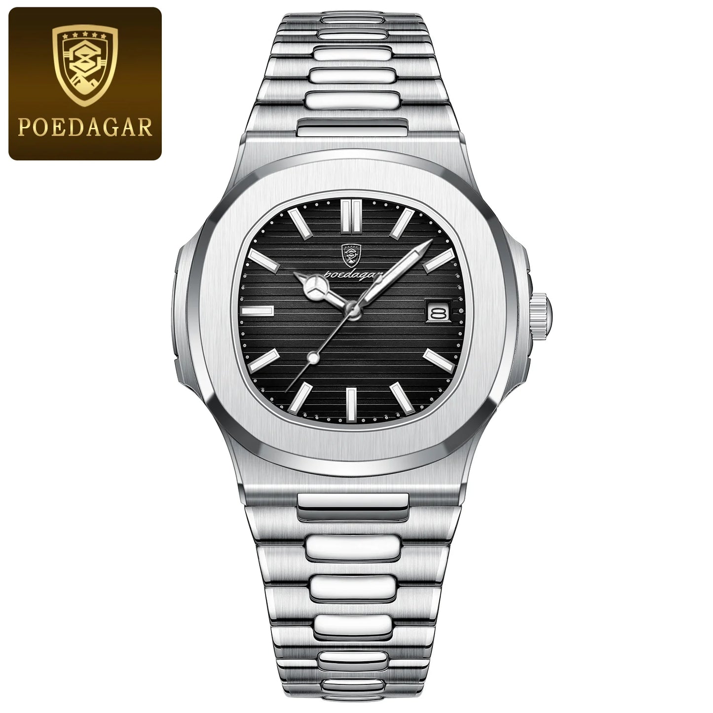 Wall Street Executive Stainless Steel Watch – POEDAGAR Luxury Square Quartz, Waterproof & Luminous Business Timepiece