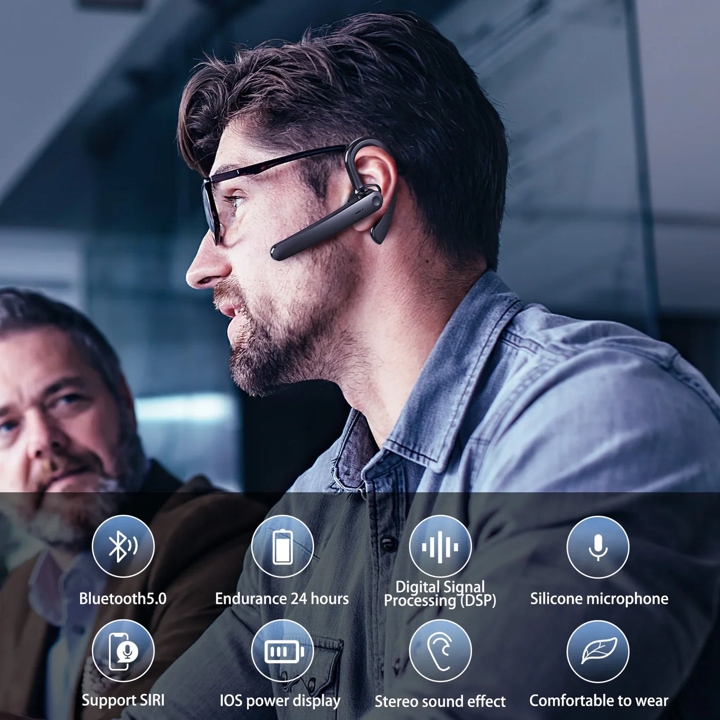 Wall Street Wireless Bluetooth Headset – ENC Noise Cancelling Business Earpiece with Mic