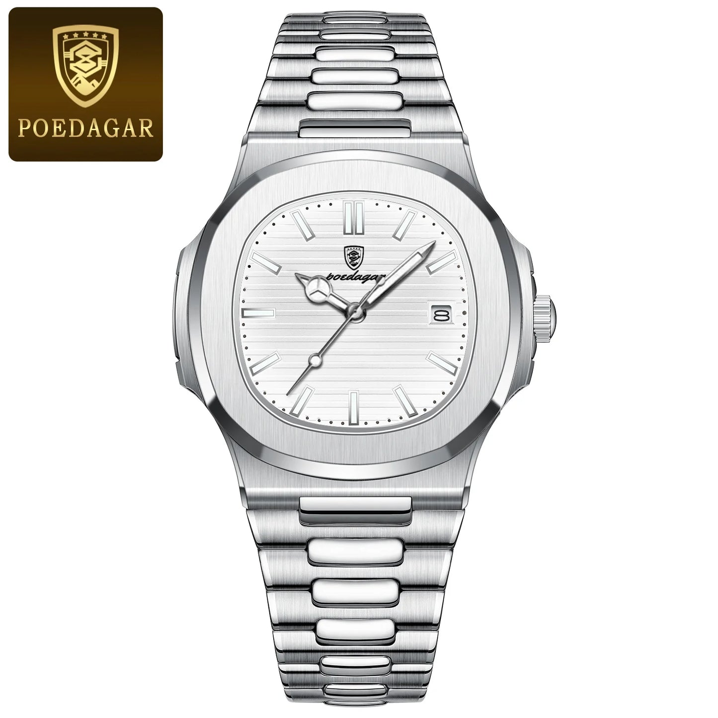Wall Street Executive Stainless Steel Watch – POEDAGAR Luxury Square Quartz, Waterproof & Luminous Business Timepiece