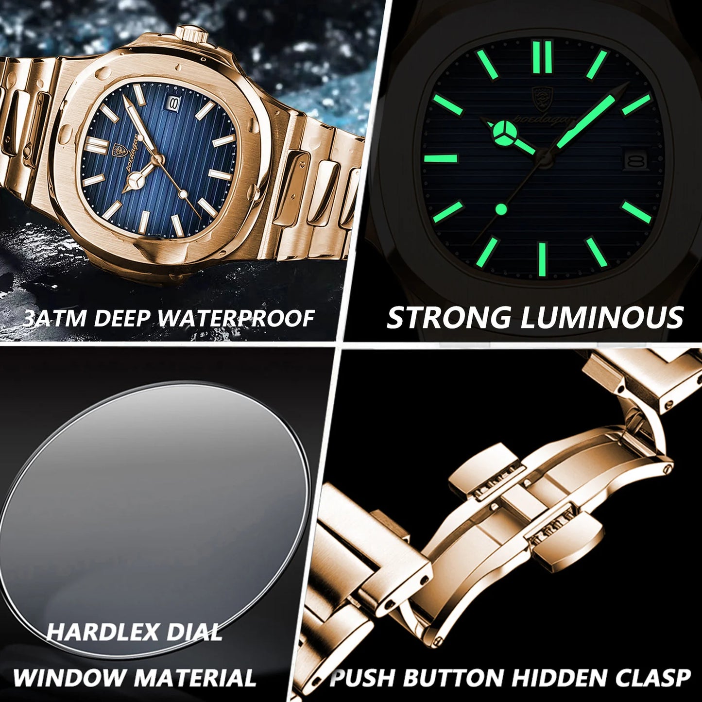 Wall Street Executive Stainless Steel Watch – POEDAGAR Luxury Square Quartz, Waterproof & Luminous Business Timepiece