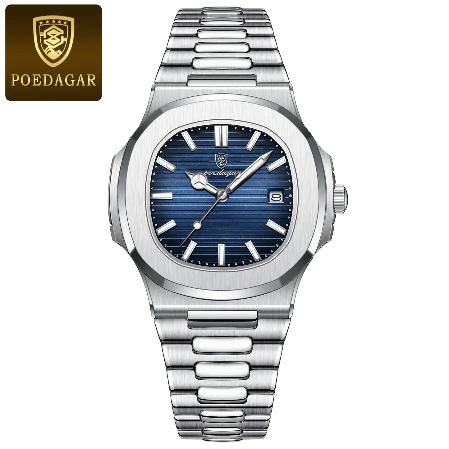 Wall Street Executive Stainless Steel Watch – POEDAGAR Luxury Square Quartz, Waterproof & Luminous Business Timepiece